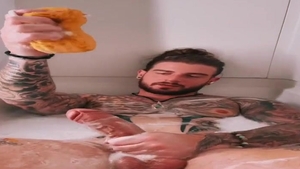 BWC Tatted Hunk Jerks Off In Tub